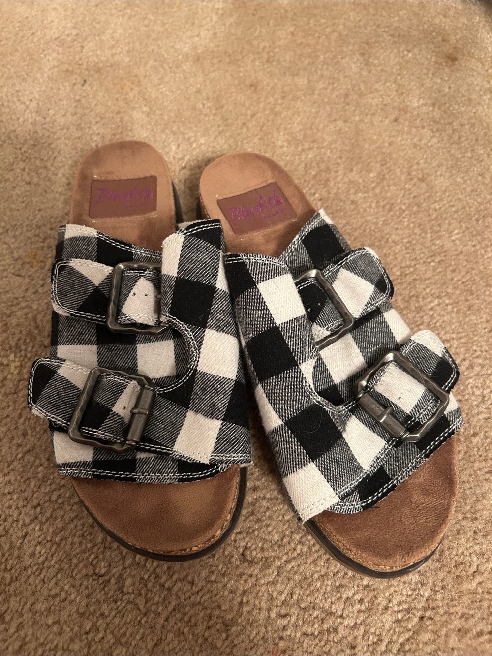 Blowfish black and white flannel sandals